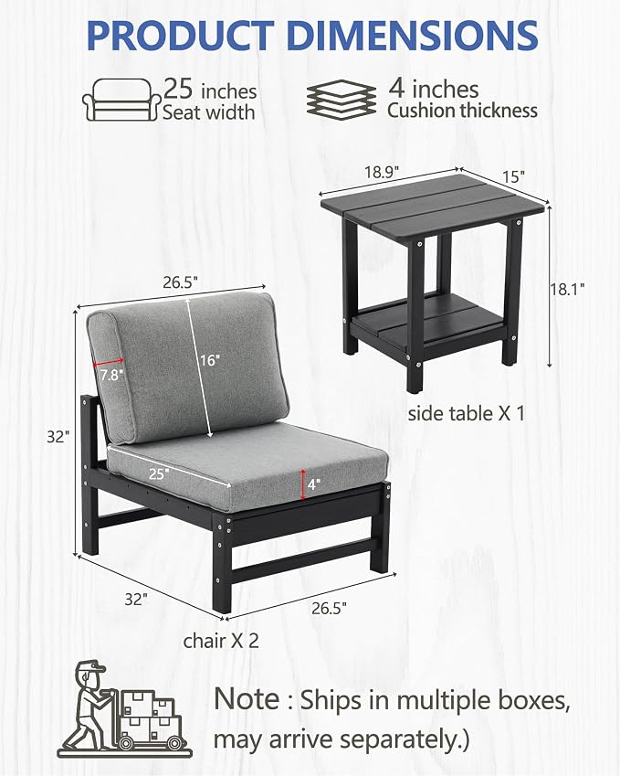 HDPE Outdoor Patio Chair Set with Cushions, 3-Piece Armless Chair Conversation Set with 2 Weatherproof Armless Chairs and Side Table, All-Weather Waterproof Outdoor Seating for Porch, Balcony & Garden