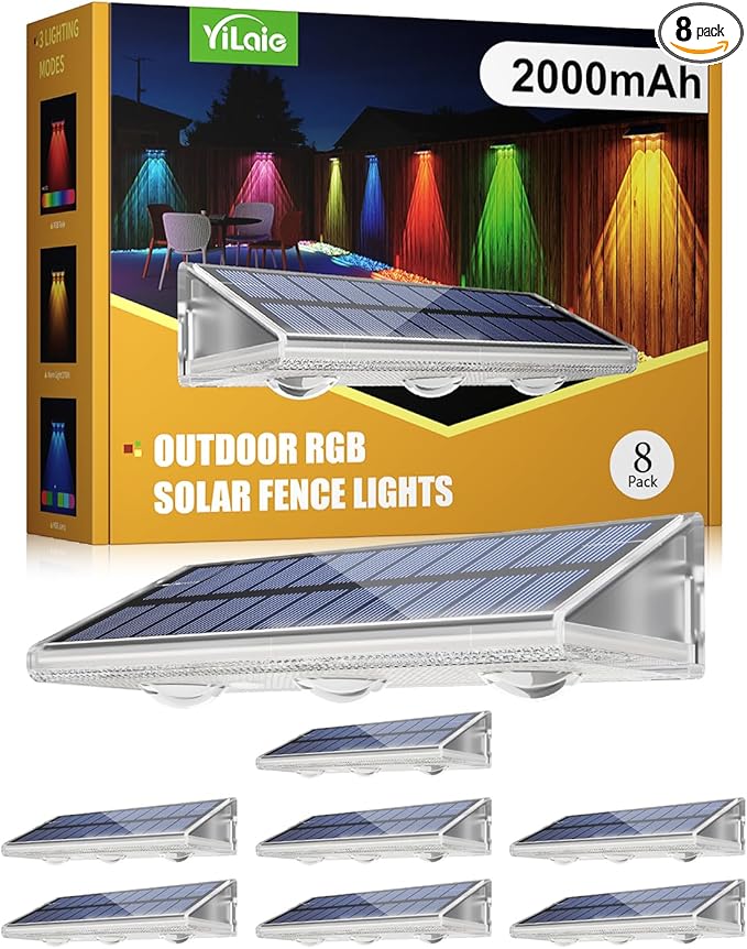 YiLaie Solar Fence Lights Outdoor - Warm White & RGB 6 Color, Solar Lights Outdoor IP67 Waterproof, Garden Lights for Outside/Backyard/Railing/Step/Patio/Wall (8 Pack)