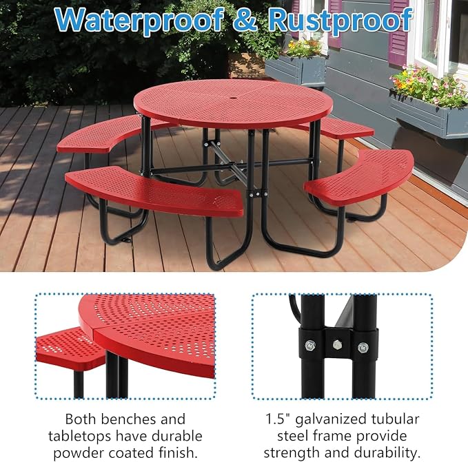 Coated Steel Heavy Duty Picnic Table for Outdoors 3200 lbs Load, Round Camping Table with 1.78" Umbrella Hole, Commercial Picnic Table with Benches, Red