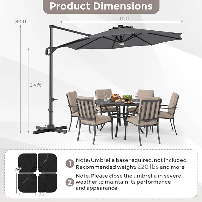 Tangkula 10ft Patio Umbrella with Solar Lights, Offset Cantilever Square Outdoor Umbrella with 35 LED Lights, Aluminum Pole, 360 Degree Rotation, Tilt Adjustment, Air Vent for Pool Deck Yard (Gray)