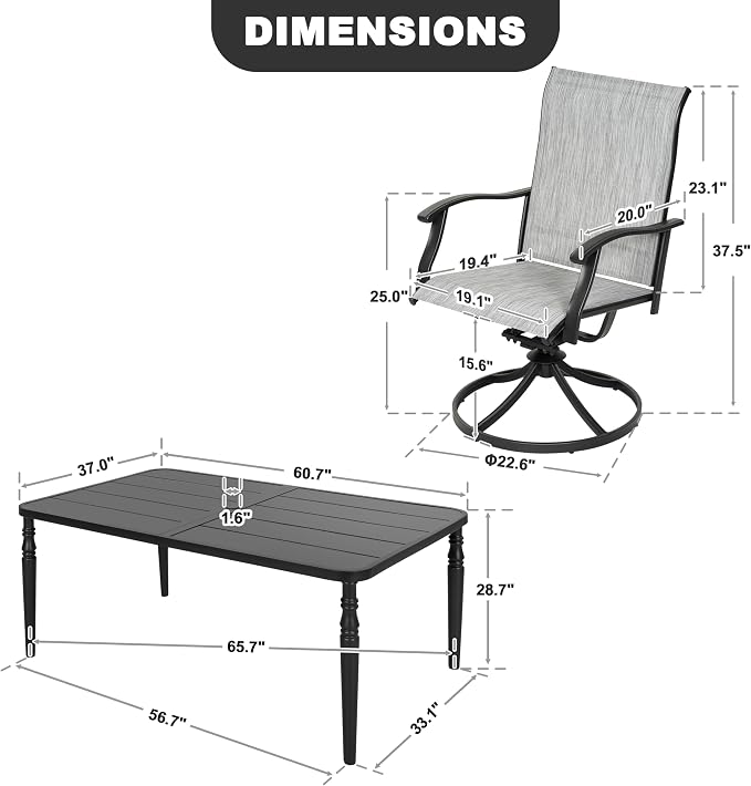 NUU GARDEN 7 Piece Patio Dining Set for 6 with Swivel Chairs | 61" x 37" table with umbrella hole and 6 breathable Textilene swivel chairs featuring ergonomic high backs.