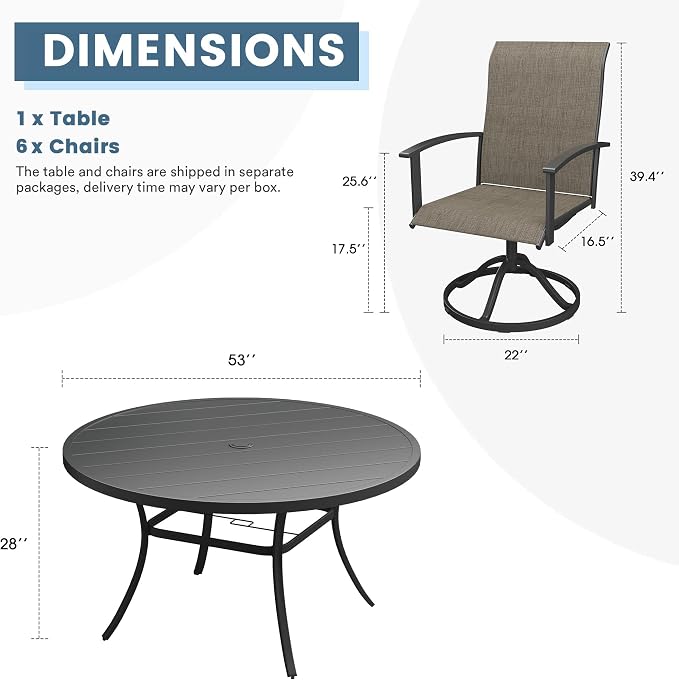DIFY 7 Pieces Outdoor Dining Set for 6, 53" Black Round Metal Table with Umbrella Hole and Brown Textilene Swivel Patio Chairs, Patio Table and Chairs Set for Garden, Backyard, Poolside
