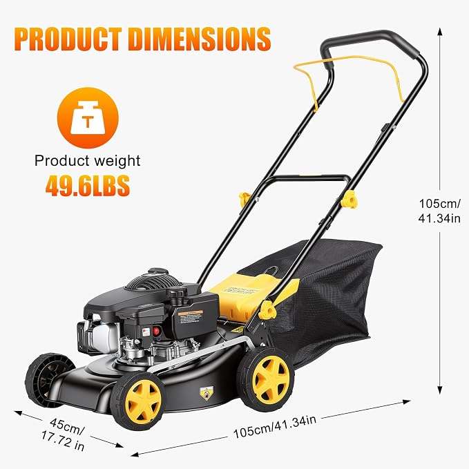 132cc Self Propelled Gas Lawn Mower, 16" Gas Powered Lawn Mowers with Powerful 4-Stroke Engine, 3-in-1 Gas Mower with 8-Position Height Adjustment,Foldable Push Mower for Yard, Yellow