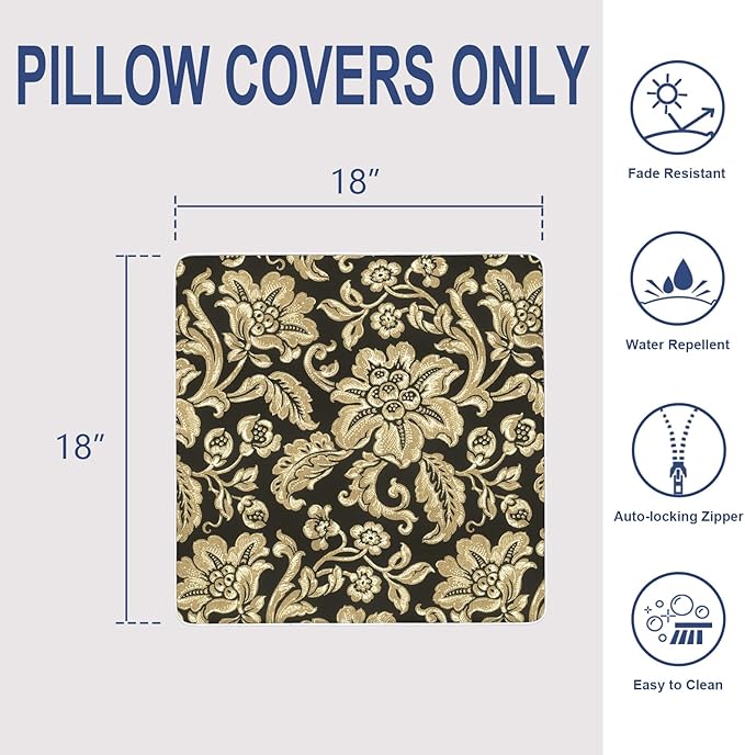 Outdoor Throw Pillow Covers Pack of 2, Decorative Water Repellent Square Pillow Cases with Piping 18x18 Inch, Jacobean Black