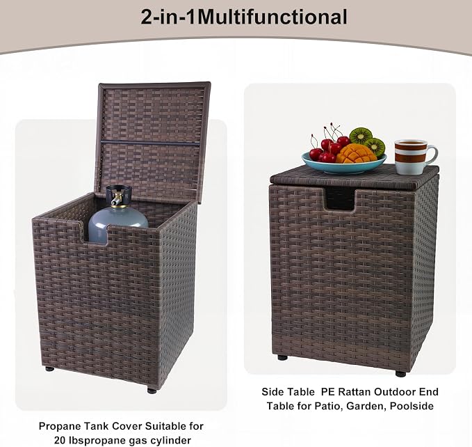 20 LB Wicker Propane Tank Cover Table, Weatherproof Outdoor Propane Tank Hide with Adjustable Feet,Perfect for Backyard, Balcony and Poolside（Brown）