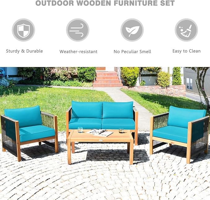 Tangkula Outdoor Wood Furniture Set, Acacia Wood Loveseat Sofa, 4 Single Chairs and 2Coffee Tables, 8 Pieces Conversation Set with Cushions, Garden Balcony Poolside Outdoor Living Set (2, Turquoise)