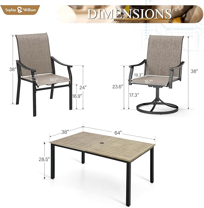 Sophia & William Patio Dining Set 7 Pieces, 4 x Patio Dining Chairs and 2 x Swivel Dining Chairs, 64" Metal Dining Table and Chairs for Lawn, Garden
