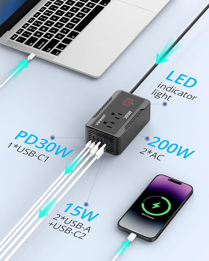 200W Car Power Inverter DC 12V to 110V AC Converter with [PD 30W & 15W] Fast Charging USB C/3.0A Dual USB Charging Ports, Car Outlet Adapter for Phone, Laptop on Road Trip (Black)