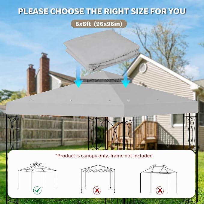8'x8' Gazebo Cover Replacement Canoy Top Compatible with Canadian Tire Living Crawford, Fit for RONA 8x8 Gazebo #088-1067-8 (Gray)