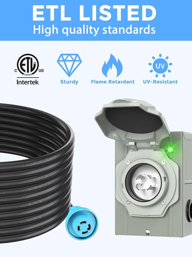 CircleCord 4 Prong 40 Feet 30 Amp Generator Extension Cord and Inlet Box with Locking Connector, Heavy Duty NEMA L14-30P/L14-30R, 125/250V 7500W 10 Gauge SJTW Generator to House Power Cord