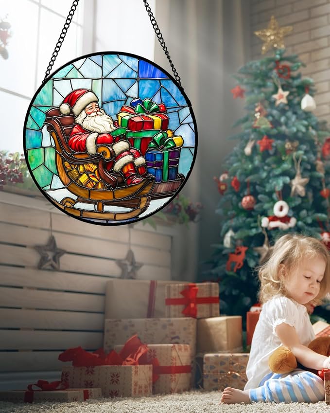 DASTOLL Stained Glass Window Hanging - Santa Claus Gift BoxSuncatcher for Doors Home Christmas Decoration Winter Sun Catcher Thanksgiving New Year Birthday Gift for Women Men Mom Nana 7.8 in