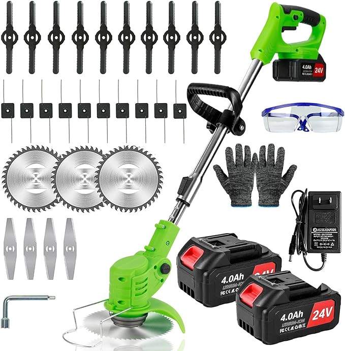 3-in-1 Cordless Grass String Trimmer, Brush Cutter & Edger Lawn Tool with 2X 24V 4.0Ah Li-ion Batteries, Telescopic Shaft and 17 Replacement Blades for Lawn Care, Garden & Yard Trimming (Green)