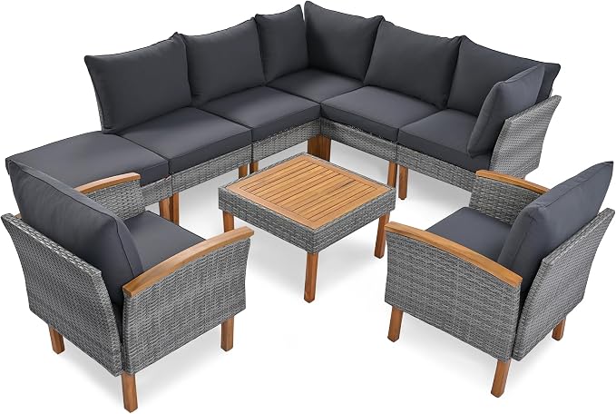 VilroCaz 9-Piece Outdoor Patio Sectional Sofa Set, PE Rattan Conversation Sofa Set with Acacia Wood Legs, Modern All Weather Outdoor Garden Furniture Set with Comfortable Cushion and Coffee Table