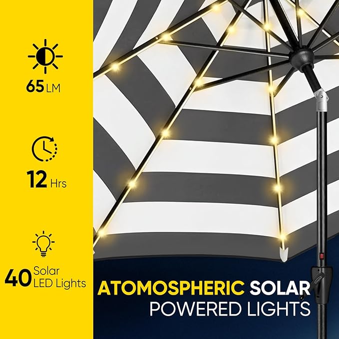 Tempera Solar Patio Umbrella 40 LED Lighted Outdoor Umbrella Table Market Umbrella with Push Button Tilt and Crank, Solar Umbrella with Sturdy Pole&Fade Resistant Canopy, Easy to Set