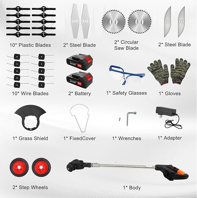 ALSO GO 24V Electric Weed Wacker, Cordless Grass Trimmer, 3 in 1 Weed Trimmer with 2 * 2000mah Batteries & Charger, Battery Powered Weed Eater/Brush Cutter/Edger with Wheels for Garden, Yard Lawn
