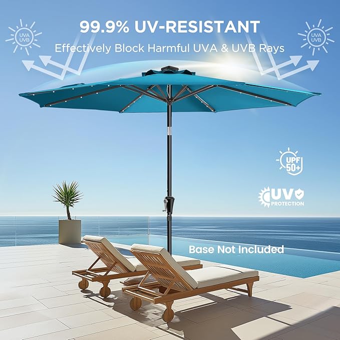 HOMSHADE 9ft Solar Patio Umbrella - Solar Lights LED Lighted Outdoor Market Table Umbrella, UPF50+ UV Protection with Push Button Tilt, Crank for Pool Deck and Garden (Peacock Blue)