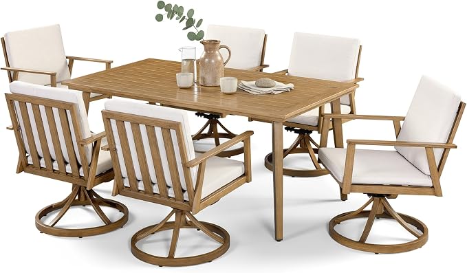 7 Pieces Patio Dining Set for 6, Aluminum Outdoor Dining Table Sets with Umbrella Hole, Modern Outdoor Patio Furniture Set with 6 Swivel Chairs and Table for Backyard, Poolside and Deck,Teak