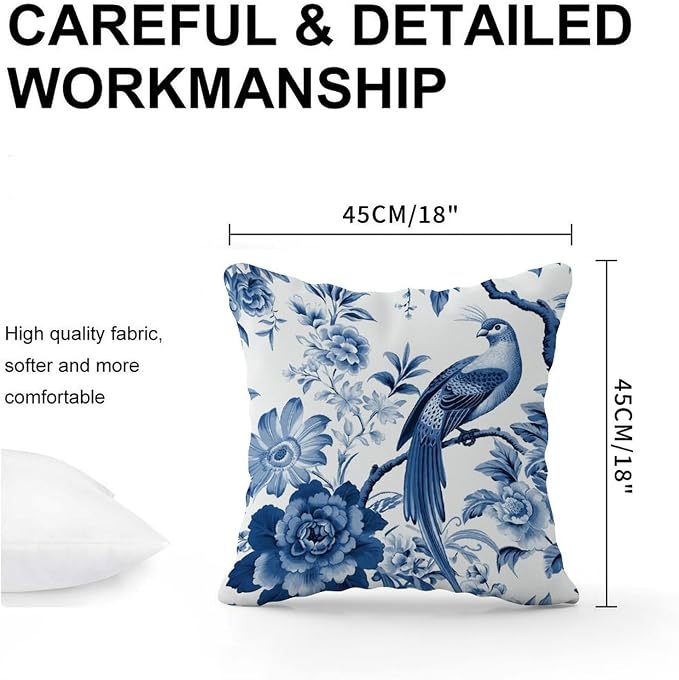 Throw Pillow Covers Blue Indigo Floral Chinoiserie Cushion Cover Modern Asian Navy Lotus Bird Pillow Cover Accent Square Couch Sofa Cushion Covers for Bedroom Sofa Bench Porch 18x18 in