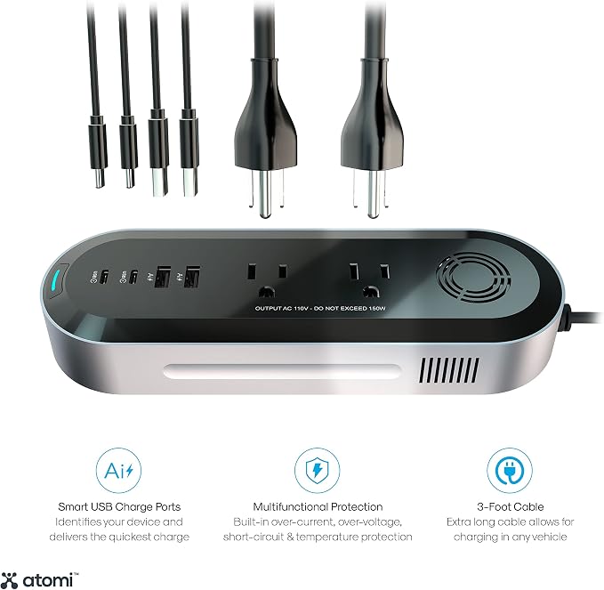 Atomi 150W Car Power Inverter with 2 AC 110V Outlets + 2 USB-C Ports + 2 Smart Charge USB Ports