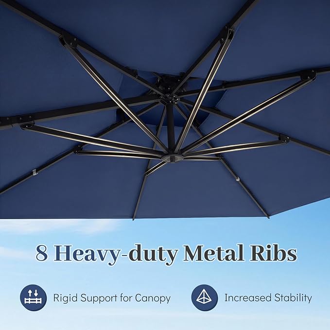Tangkula 10 FT Patio Cantilever Umbrella, Large Square Offset Hanging Umbrella w/ 360° Rotation, 8 Sturdy Ribs, Air Vent & Cross Base, Heavy-Duty Outdoor Sun Shade for Backyard Pool Garden Deck, Navy Blue