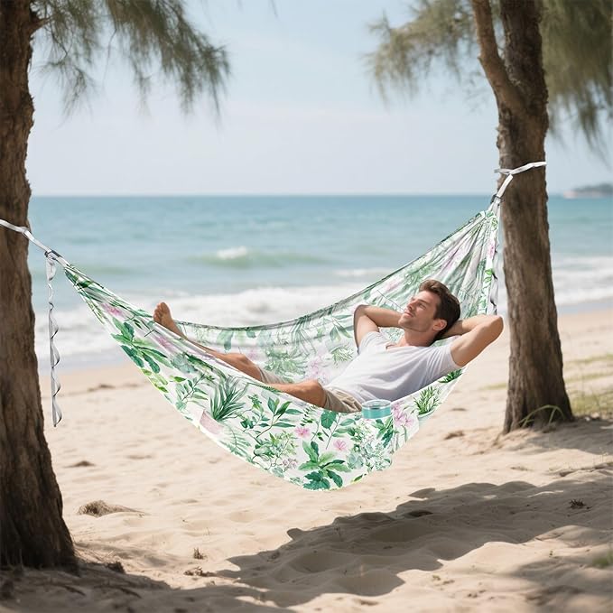 Camping Hammock Outdoor Hammocks for Outside Green Plants Watercolor Beach Trees Portable Lightweight with Pockets Tree Straps Indoor