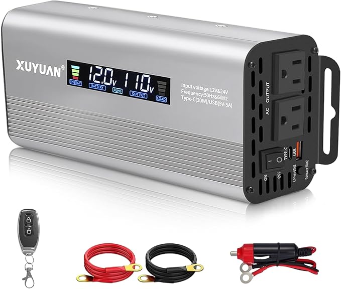 500W Pure Sine Wave Inverter, 12V/24V Auto-Detect, 50Hz/60Hz Switchable, LCD Display, Type-C Fast Charging, Silent Design, Overload & Overheat Protection for RV, Home