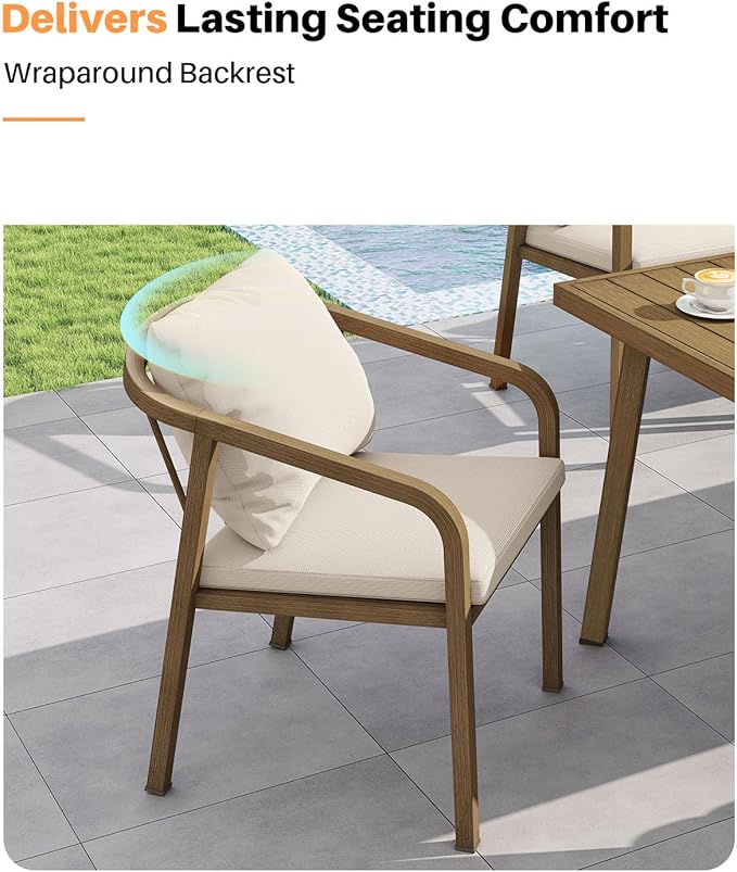 7-Piece Patio Dining Set, Never-Rust Aluminum Outdoor Dining Set for 6, Rectangular Outdoor Table and Chairs Set with Washable Cushions, Patio Furniture Set for Poolside, Deck, Backyard, Teak