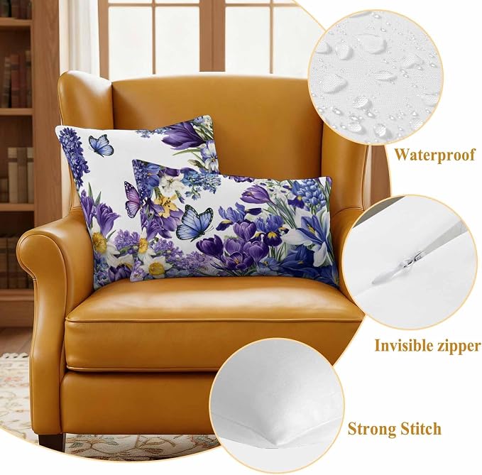 Outdoor Waterproof Pillow Covers for Patio Furniture Purple Blue Flowers Butterfly Throw Pillow Cover Watercolor Floral White Pillowcases Set of 2 Cushion Case for Sofa Couch Chair 20x20 inch