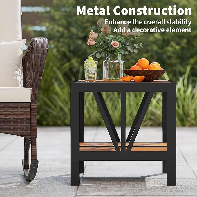 Tangkula Outdoor Side Table with 1.57” Umbrella Hole, 2-Tier Patio Metal End Table with Storage Shelf, Small Bistro Coffee Table for Porch, Balcony, Garden and Backyard (2)