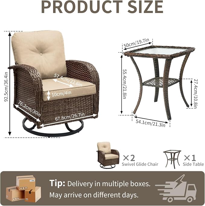 SHGJ&SOFT All Weather Patio Furniture Set, High Back Swivel Rocker Glider Chairs，Ottomans & Glass Tables, Outdoor Conversation Set for Deck Porch Yard Poolside (Brown, 3PCS-Swivle Chairs&Table)