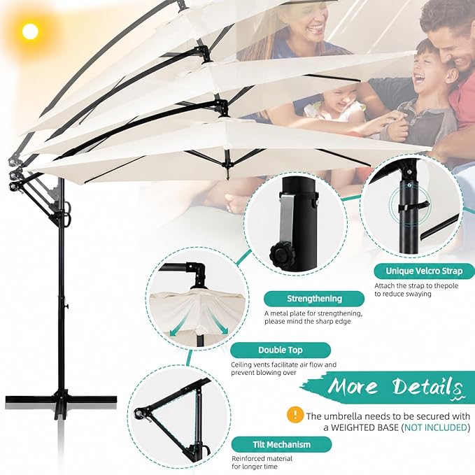 JAMFLY Large 9FT Offset Patio Umbrella with Cantilever Crank & Infinite Tilt, Heavy Duty Outdoor Hanging Umbrella with Cross Base for Backyard, Deck, Poolside