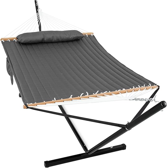 2 Person Hammock with Stand for Outside, Heavy Duty Steel Stand, 55inch Double Hammocks, Large Removable Pillow, Storage Bags, Max 475 lbs Capacity (Haze Gray)