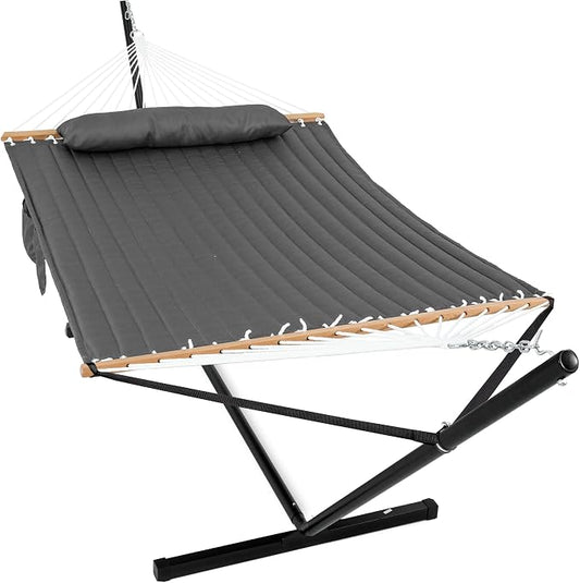 GAFETE 2 Person Hammock with Stand for Outside, Heavy Duty Steel Stand, 55inch Double Hammocks, Large Removable Pillow, Storage Bags, Max 475 lbs Capacity (Haze Gray)