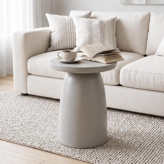 SUNBURY Outdoor Side Table, 22"H Large Concrete End Table Pebble Shaped, Lightweight Round Accent Table, Decorative Modern Coffee Table, Garden Planter Stand for Patio, Porch, Living Room Decor, Grey