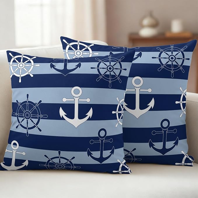 Nautical Ship Anchors Waterproof Outdoor Pillow Covers Set of 2 Home Decor, Navy Blue Horizontal Stripes Pillowcase Patio Pillow Covers for Couch Bench Patio Furniture Garden 18x18in