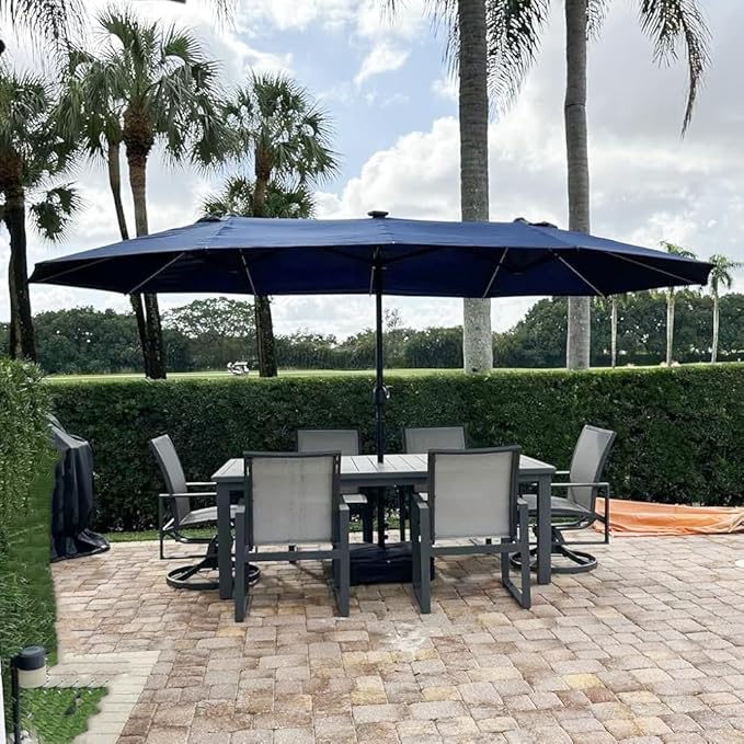 PURPLE LEAF 15ft Patio Market Umbrella with Solar LED and Base Double-Sided Rectangle Outdoor Table Sun Umbrellas with Crank for Pool Beach Deck Backyard Navy Blue