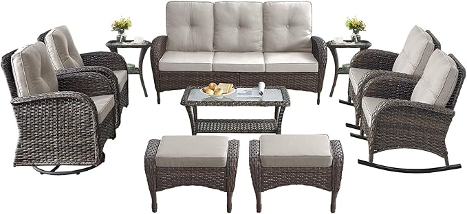 10-Piece Patio Furniture Set-Patio Rocking Chairs Set of 4 Outdoor Rattan Sofa Sets with Coffee Table Outdoor Patio Furniture Sets for Deck Porch Garden Balcony Poolside-Brown/Beige