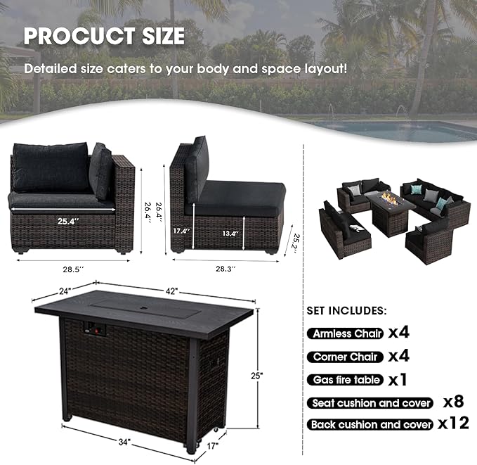 Grezone 9 Piece Patio Furniture Set with 44" Fire Pit Table, Outdoor Sectional Couch, PE Rattan Patio Conversation Sets with 4inch Cushions for Backyard Black