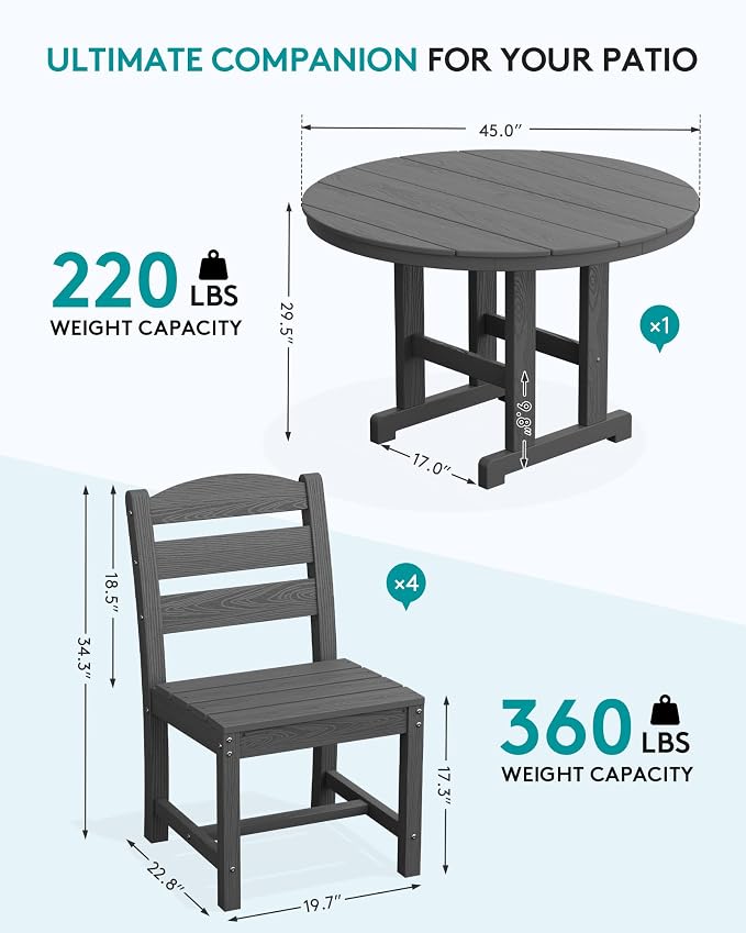 SERWALL 6-Piece Patio Dining Sets, HDPE Outdoor Table and Chairs Furniture Set with Umbrella, 45" Round Dining Table & 4 Armless Dining Chairs & 1 9FT Umbrella, Gray(Not Include Umbrella Base)