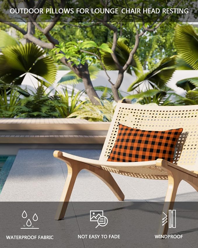 Outdoor Pillows Covers with Inserts Rustic Orange and Black Buffalo Plaid Waterproof Recliner Pillow with Adjustable Strap Throw Pillows for Patio Furniture Pool Lounge Chair, 11x16 inch, 1PCS