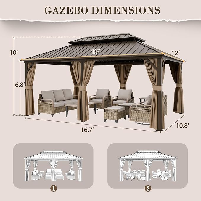 EAGLE PEAK 12x18 Hardtop Gazebo, Galvanized Steel Double Roof with Aluminum Frame, Outdoor Pavilion with Netting and Curtains for Patio, Deck, Lawn and Garden, Dark Brown/Tan