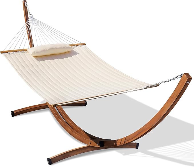 Lazy Daze Hammocks Double Quilted Hammock with 13 FT Curved Steel Heavy Duty Stand and Pillow for Outside, Backyard, Patio, 450 Lbs Capacity, Cream
