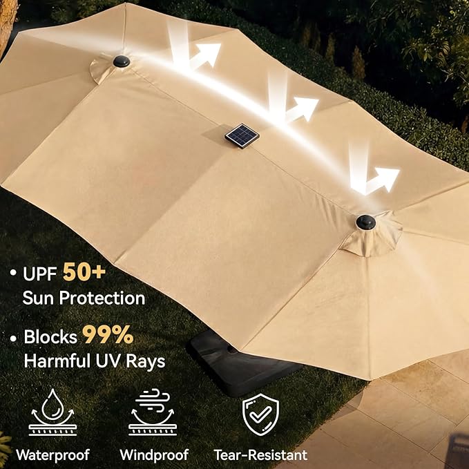 Aoxun 15ft Patio Umbrella with Base Included, Outdoor Double-Sided Rectangular Umbrella with Crank Handle & Ventilation, Large Standing Umbrella for Pool, Deck, Lawn, Backyard & Beach
