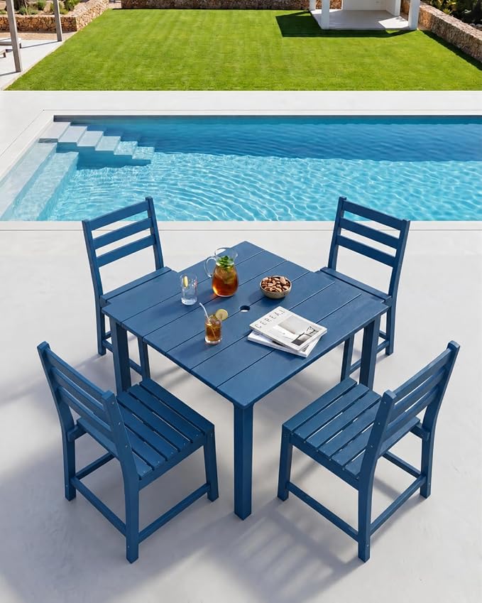 HDPE Outdoor Dining Set for 4, Square Table and Chairs, Navy | All-Weather HDPE, Wood Grain Finish, 42.5" Square Table, Built-In Umbrella Hole, Seats 4, Patio & Poolside Ready