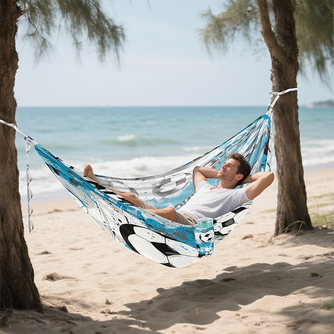 Qilmy Abstract Football Blue Camping Hammock Single – 330 lbs Capacity, Lightweight with Tree Straps & Carabiners, Portable for Hiking, Travel, Backpacking