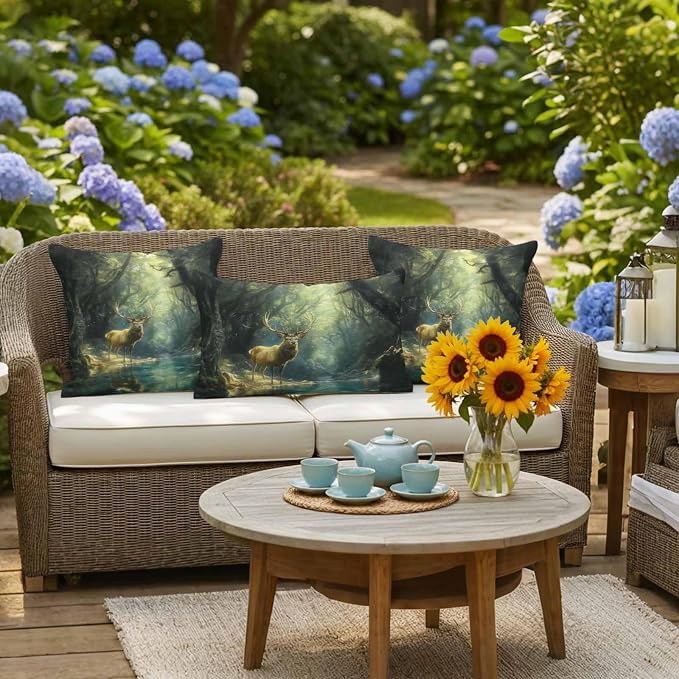 Green Forest Deer Waterproof Outdoor Pillow Covers Set of 2 Home Decor, Fantasy Vintage Nature Scenery Pillowcase Patio Pillow Covers for Couch Bench Furniture Garden 24x24in