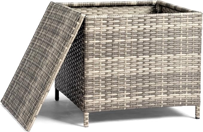 Outdoor Wicker Storage Side Table, Patio Brown PE Rattan End Table with Storage, Square Container for Furniture Covers, Toys, and Gardening Tools (Grey)