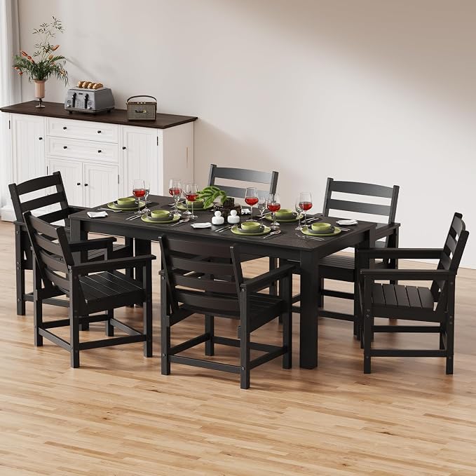 Outdoor HDPE Dining Table Set 7-Piece, All-Weather Outdoor Table and Chairs with Umbrella Hole Cut-Out, Patio Furniture for Garden, Backyard, Deck (Black)