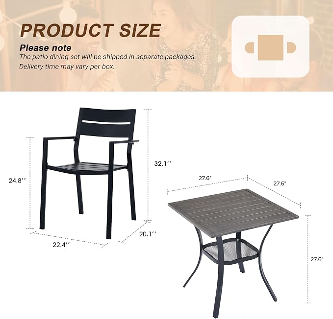VICLLAX Patio 3 Pieces Outdoor Bistro Table Set, Wrought Iron Metal Furniture with 28" Square Table and 2 Stackable Chairs, Patio Dining Set for Patio, Lawn, Garden, Porch, Grey/Black