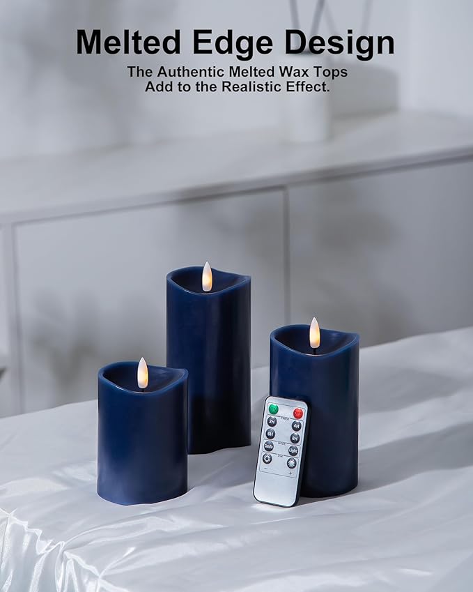 Navy Blue Flameless Candles with Remote and Timer, Real Wax Made LED Pillar Candles Battery Operated with 3D Flickering Flame Melted Top, 3" x 4",5",6", Navy Blue Decor, Set of 3